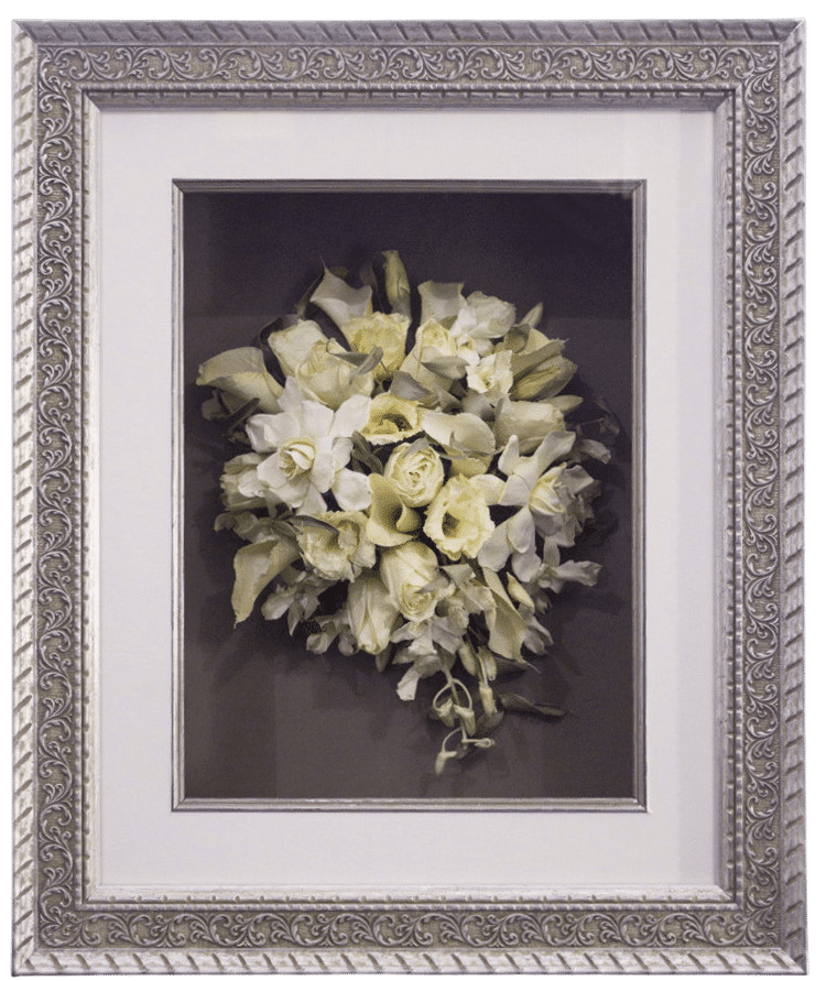 shadowboxes 2 Close-up of a freeze-dried wedding bouquet inside a shadowbox frame