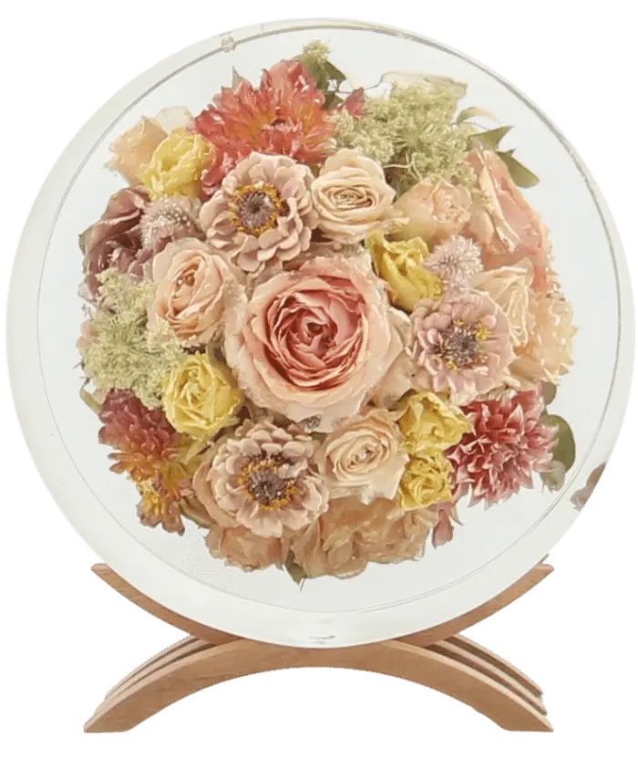 Home 1 Freeze-dried wedding bouquet encapsulated in resin on a display stand