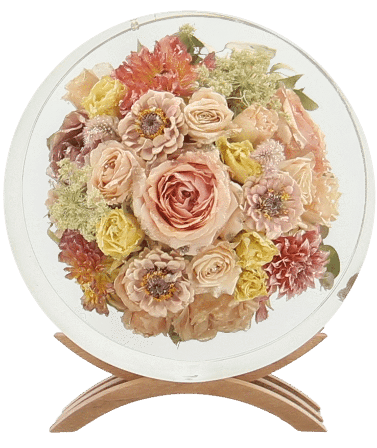 Home 1 Freeze-dried wedding bouquet encapsulated in resin on a display stand