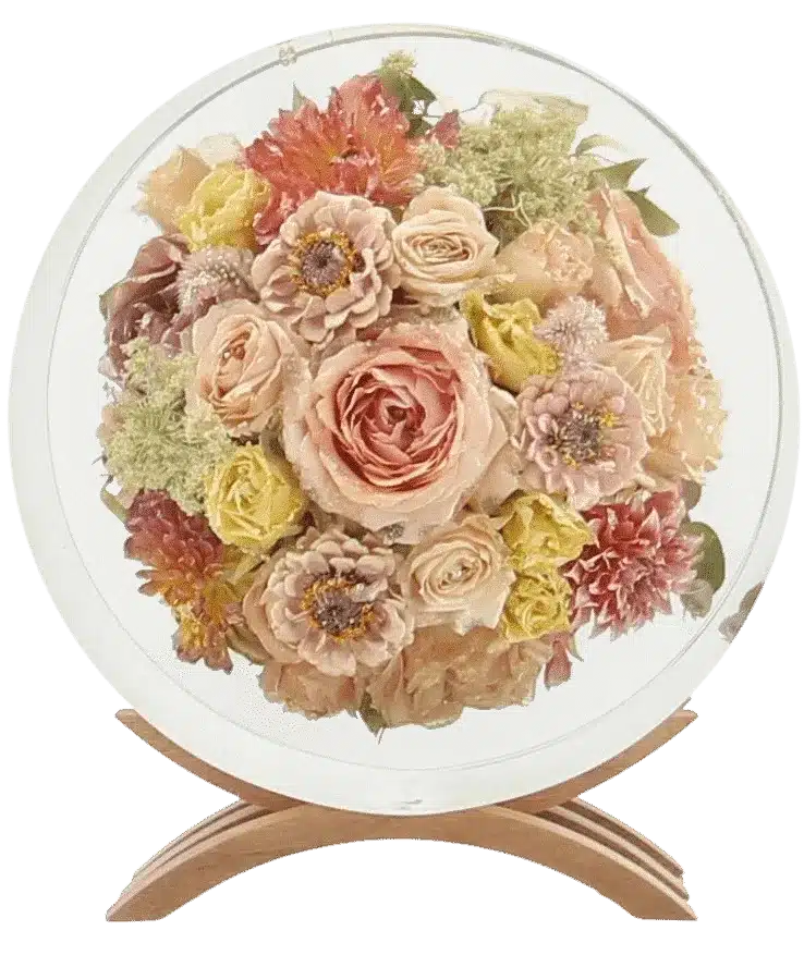 Home 1 Freeze-dried wedding bouquet encapsulated in resin on a display stand
